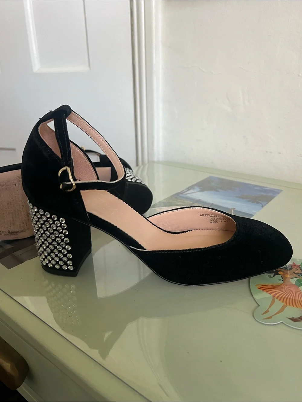 J. Crew Black Velvet Studded Block Heel Pumps with Ankle Strap